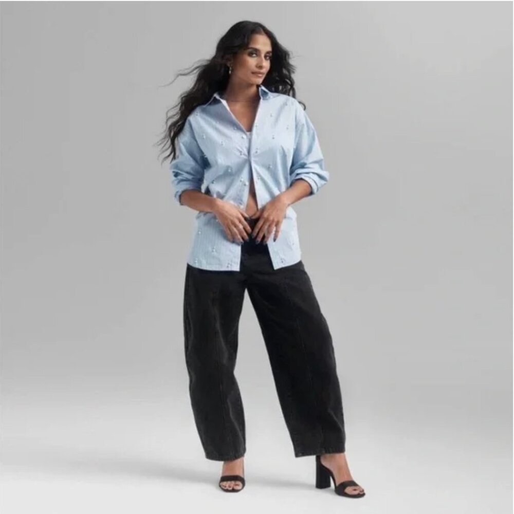 💙 Light Blue Pinstripe Beaded Button-Down Shirt | Feminine Classic
